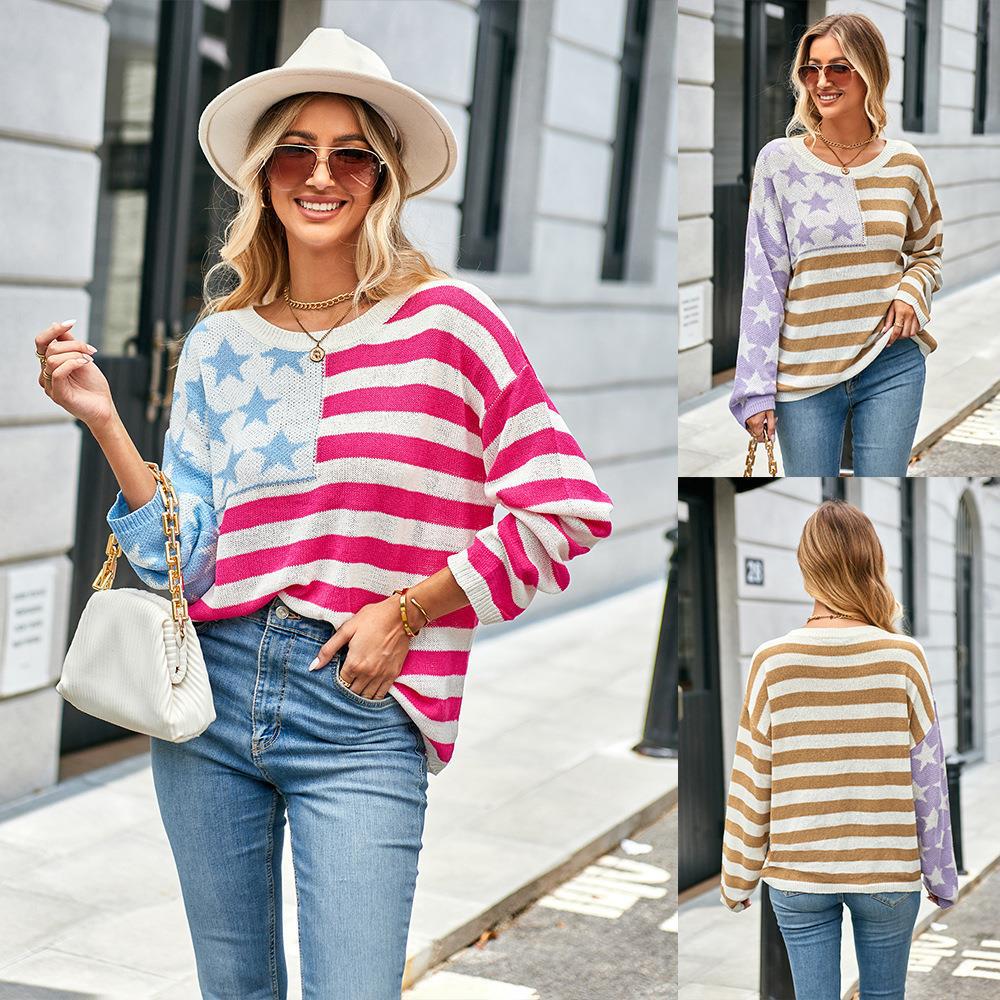 Plus Size Women's Loose Striped Sweater Long Sleeve Color Matching Round Neck Sweater
